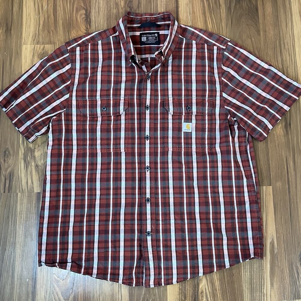 Carhartt Men’s L Short Sleeve Red Midweight Plaid Button Up Shirt Loose Fit